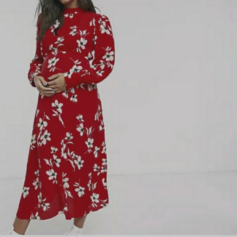 ASOS MATERNITY red midi dress with white flowers